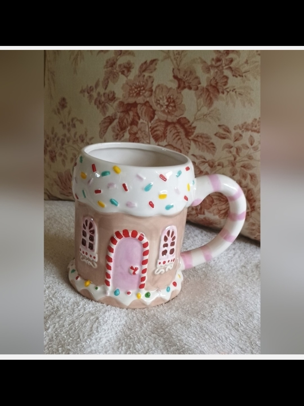 Gingerbread House Ceramic Mug - Pink & White